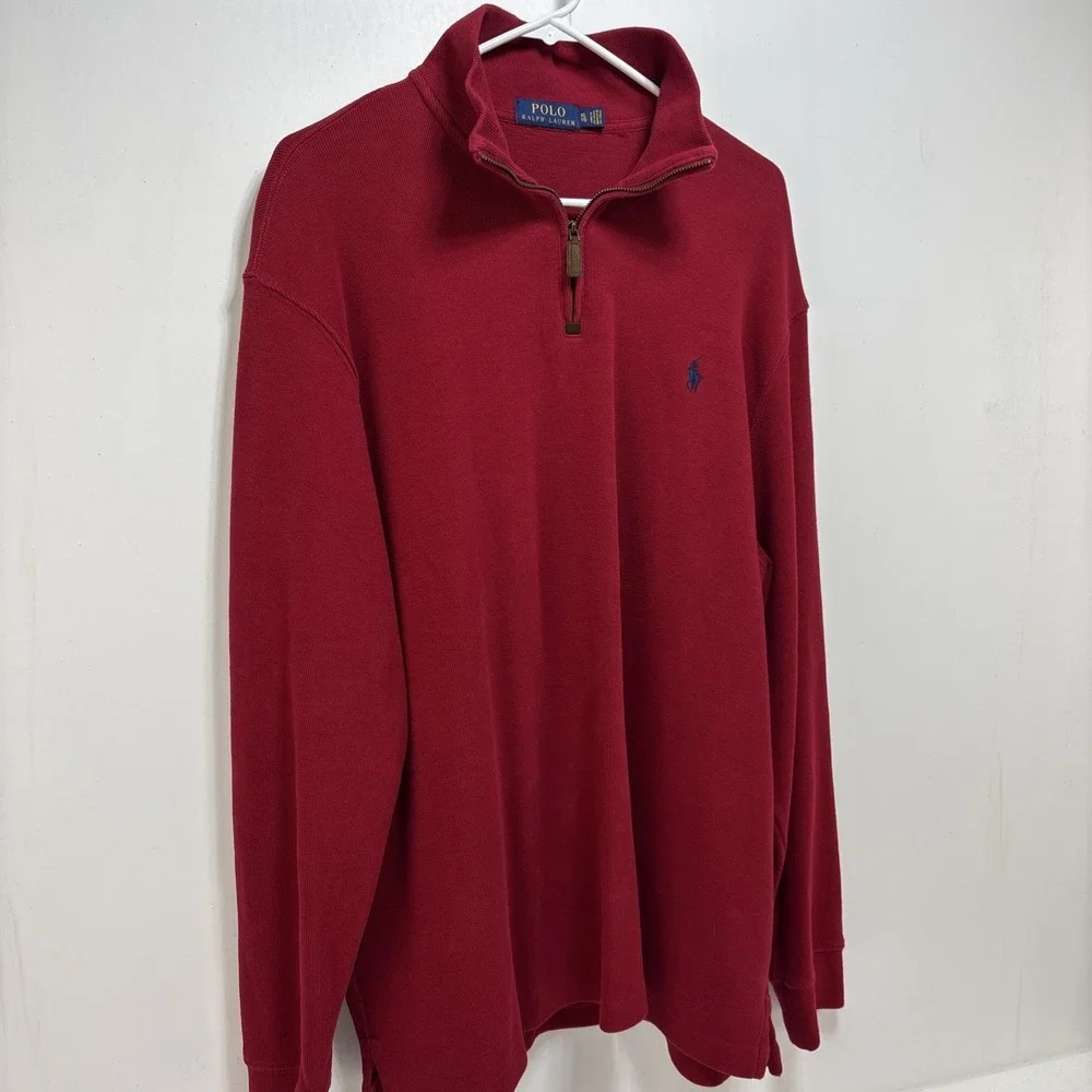 Polo Ralph Lauren Mens XL Red 100% Cotton 1/4‎ Zip Pullover Sweater Blue Pony